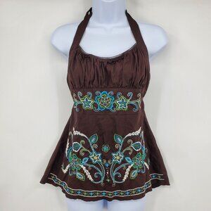 Vintage Heart Soul Y2K Halter Neck Babydoll Top Embroidered Beaded Shirt XL